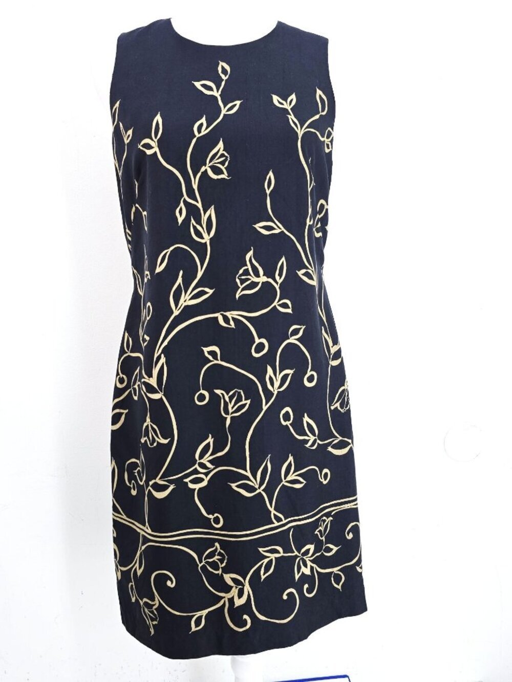 Vintage 80s Ann Taylor Black Gold Silk Sleeveless Dress Women Size 6